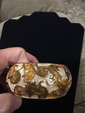 Gold and Ivory Resin Scroll Hinged Bangle Bracelet